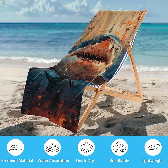 WZOMT Shark Beach Towel, Microfiber Shark Fishing Towel, Retro Ocean Fish Blue Orange Bath Towel for Kids Boys, Quick Dry Sand-Free Absorbent Towel for Pool Swim Travel, Oversized 32x52 Inch