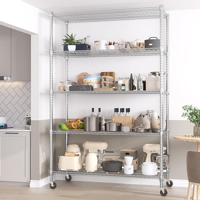 Homdox 5 Tier Storage Racks and Shelving, 24"x60"x82" Heavy Duty Metal Shelves for Storage, 3000LBS Commercial Adjustable Wire Shelving Unit on Wheels for Garage, Pantry, Kitchen, Warehouses, Chrome
