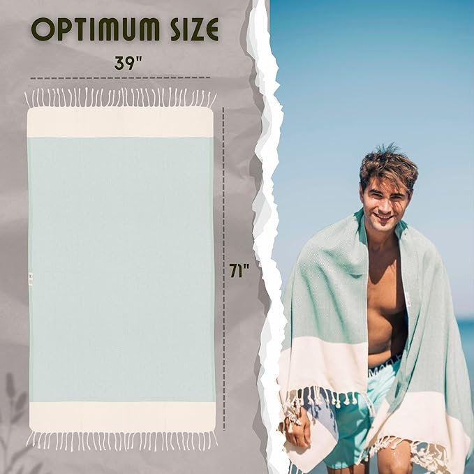 Bazaar Anatolia Turkish Beach Towel 100% Cotton Bath Towels 71x39 Quick Dry Sand Free Lightweight Large Oversized Herringbone Teal Mint