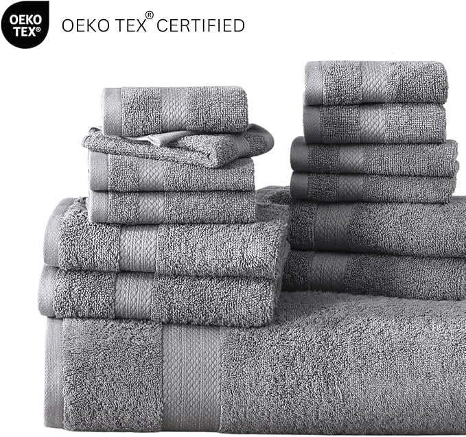 LANE LINEN 100% Cotton Luxury Bathroom Towel Set - 16 Pcs - Ring Spun, Quick Dry, Super Soft & Highly Absorbent - 4 Bath, 8 Washcloths, 4 Hand Towels - Pre Shrunk, Can be Used in Salon - Space Grey