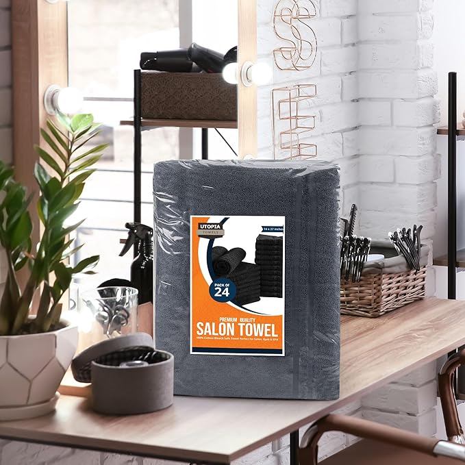 Utopia Towels Cotton Bleach Proof Salon Towel 16 by 27 inches, Bleach Safe Gym 100% Cotton Hand Towel, 24 Pack, Dark Grey