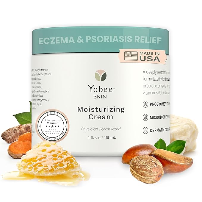 Yobee Body & Face Cream for Dry, Itchy Skin, Eczema & Psoriasis, Dermatologist Formulated, Probiotics, Honey, Turmeric, Vitamins B12 & E, Ceramides, Shea Butter, Fragrance Free, For Kids & Adults