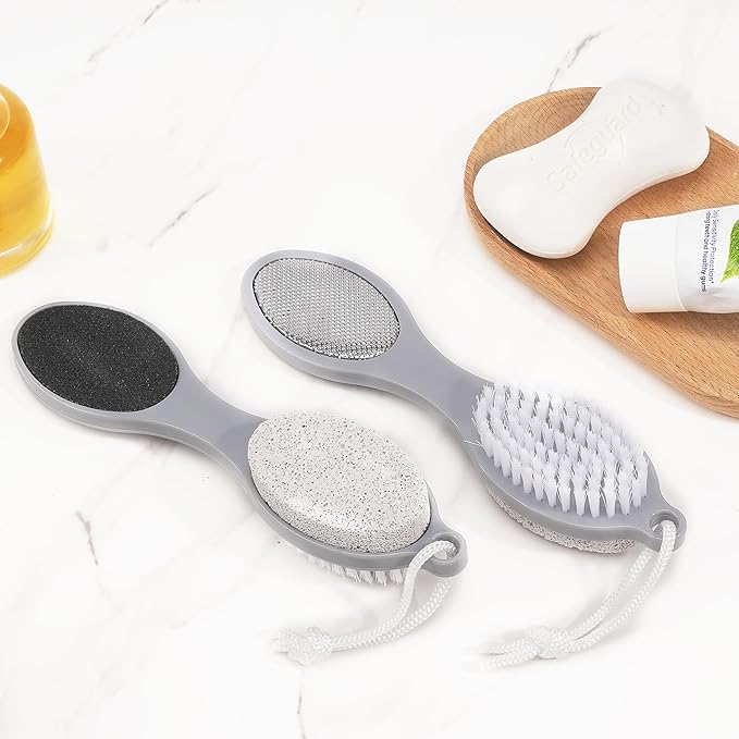 2 Pcs 4 in 1 Foot Brush for Use in Shower with Pumice Stone, Foot Rasp and Sandpaper, Foot Scrubber Brush for Feet, Dead Skin Remover for Foot Care