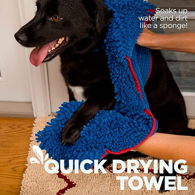 Soggy Doggy Super Shammy Dog Towel - Microfiber Chenille Towel for Drying Dogs and Cleaning Paws - Fast Drying with Hand Pockets for Ease (Blue/Red Trim, 31” x 14”)