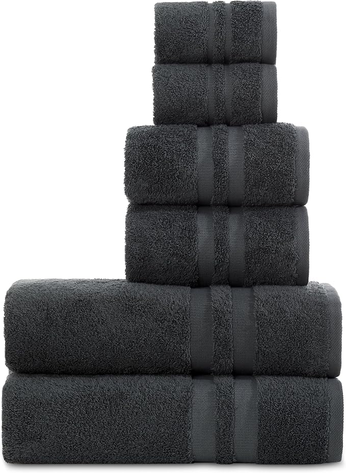Premium 6 Piece Towel Set, 2 Bath Towel, 2 Hand Towels, 2 Washcloths, 100% Turkish Cotton Soft Absorbent Towels (Dark Grey, 6 Piece Towel Set)