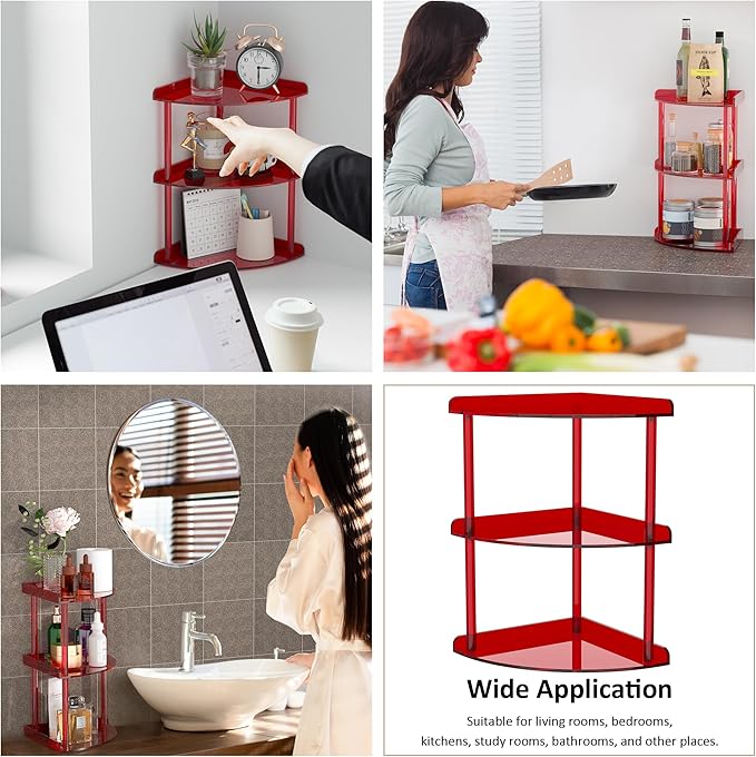 3 Tier Acrylic Corner Shelf Organizer Storage 9.5x9.5x15.7 Inch, Red Countertop Corner Shelf for Bathroom, Kitchen, Bedroom, Office, Study Room