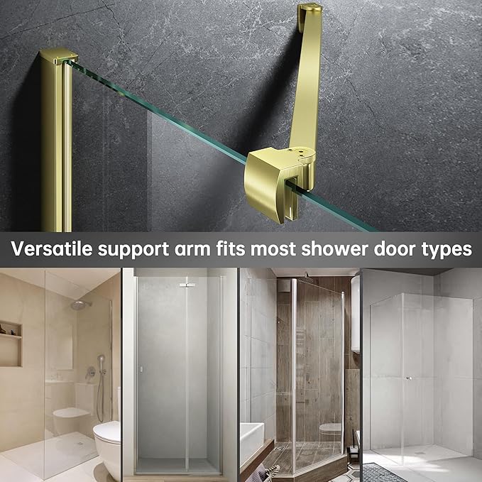 Frameless Shower Door Support Bar, Stainless Steel Wall-to-Glass Support Arm to Fixed Shower Glass Panel, for 1/4"-3/8" (6-10 mm) Door, 180° Pivot & Stow-Flat Mode (Brushed Gold, 27.6-inch(700mm))