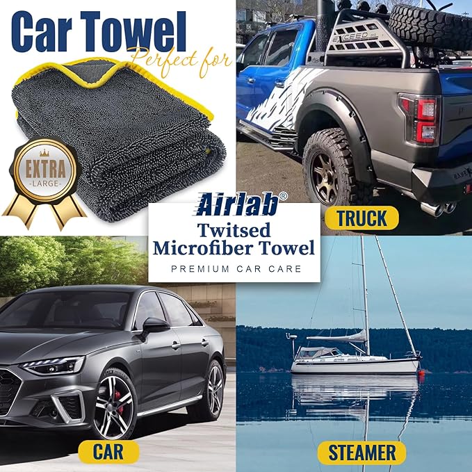 Airlab Microfiber Towels for Cars Wash Drying Extra Large Super Absorbent Cleaning Cloth Auto Detailing Ultra Soft, Lint-Free, Streak-Free, 35 x 24 Inch, Pack of 1, Grey-Yellow, 600 GSM