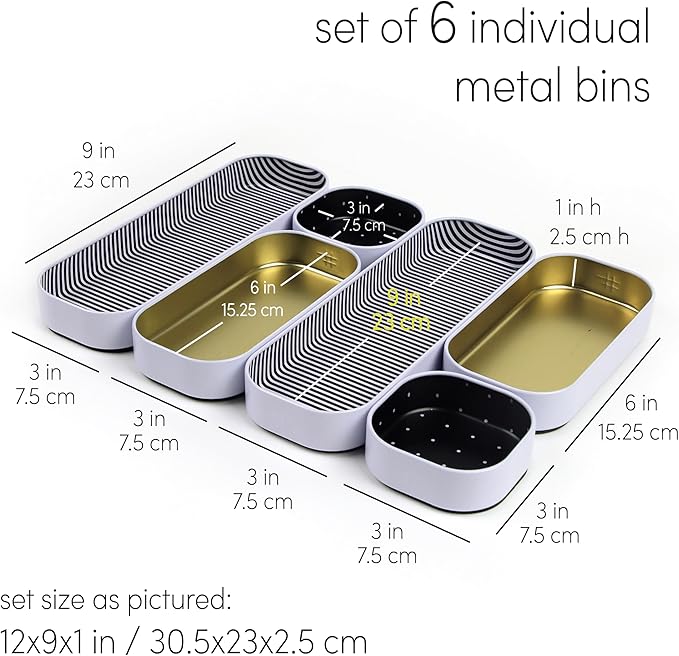 Three by Three Seattle 6 Piece Shallow Metal Organizer Tray Set for Storing Makeup, Stationery, Utensils, and More in Office Desk, Kitchen and Bathroom Drawers (1 Inch, Gold Dots and Stripes)