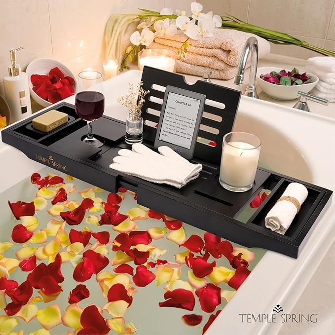 Temple Spring Wooden Bathtub Tray, Bamboo Bathroom Accessories, Bath Tray for Tub, at Home Spa Essentials, Board for Tub Table, Bath Caddy for Bathtub Accessories & Bathroom Essentials – Black
