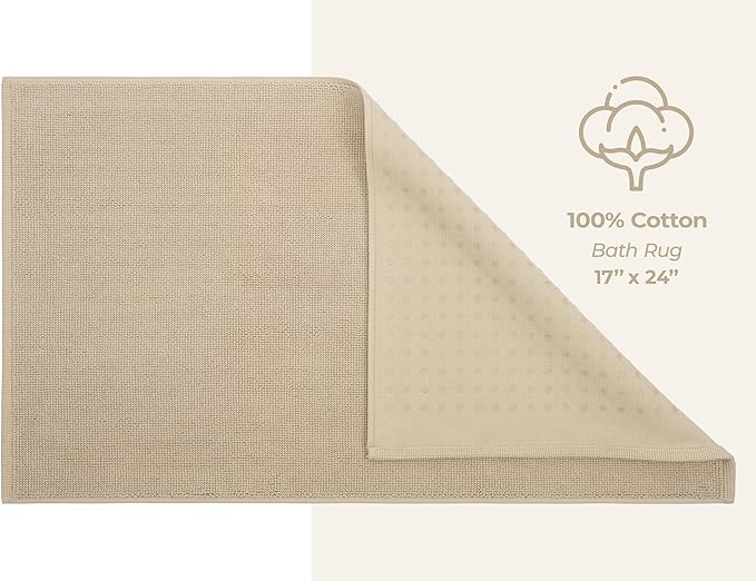 American Soft Linen Bath Rug, 17 in 24 in 100% Cotton Bath Mats Rugs for Bathroom, Slip Reducer Washable Shaggy Form Area Rugs, Beige Bath Rug