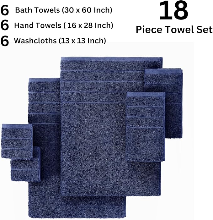 Casa Platino 100% Cotton Luxury Bath Towel Set - 18 Pieces - Ring Spun, Super Soft & Highly Absorbent - 6 Bath, 6 Washcloths, 6 Hand Towels for Bathroom - Holds Well After Multiple Washes - Navy Blue