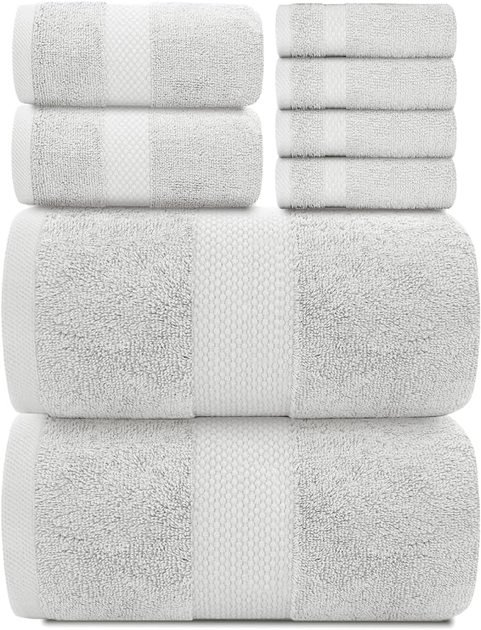 White Classic Luxury Bath Towel Set of 8 Pieces - 100% Turkish Cotton Highly Absorbent Towels for Bathroom, 2 Luxury Bath Towels 700GSM, 2 Hand Towels, 4 Washcloths, Silver