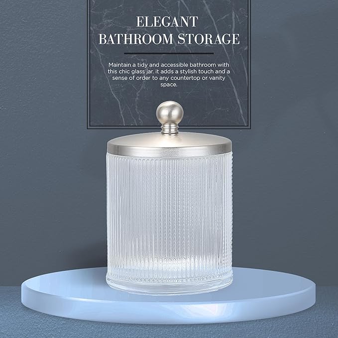 Clear Transparent Apothecary Ribbed Geometric Etched Glass Jar W/Satin Nickel Metal Lid for Bathroom Organization, Cotton Balls, Q Tips, and Small Accessories, Bathroom Storage