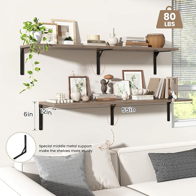Fun Memories Floating Shelves for Wall, 12 Inch Deep Floating Shelves Set of 2, Wall Mounted Shelf with Metal Brackets, Rustic Wood Wide Shelf for Bathroom, Kitchen and Living Room, Grey, 55W x 12D