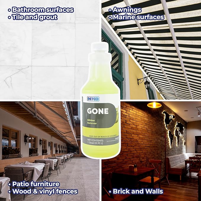 GONE Instant Mold & Mildew Remover - 12.5% Bleach Industrial-Strength Cleaner, Stain Removal on Shower, Siding, Bathroom Tile, Grout, Trim, Boats, and Outdoor Furniture, 1-Quart Spray Bottle