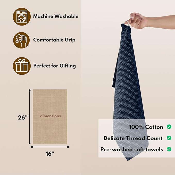 Native Fab Cotton Kitchen Towel with Hanging Loop 16x26 inches, 12-Pack, Waffle Weave Kitchen Towels for Cleaning Drying, Washcloths Soft & Absorbent Cloth Rags, Bar Towel, Dish Cloth, Navy