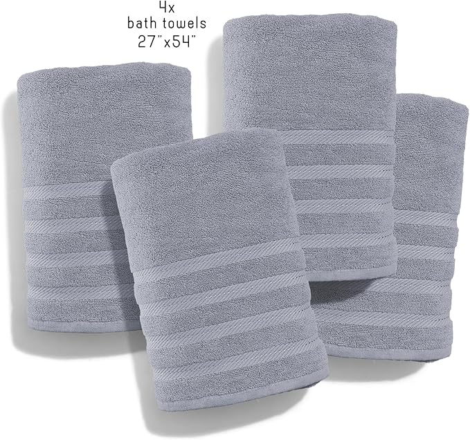 Hearth & Harbor Bath Towels for Bathroom - 100% Ring Spun Cotton Luxury Bathroom Towels - Soft & Highly Absorbent 4 Bath Towels, Stone Blue