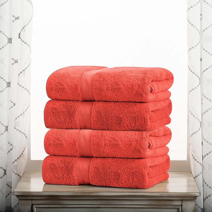 BNM Egyptian Cotton Heavyweight Towels, Ideal For Bathroom, Shower, Spa, 800 GSM Bath Towels, Highly-Absorbent, Luxury Bathroom Essentials, Ultra-Soft Plush Home Basics, Bath Towel Set of 4, Coral