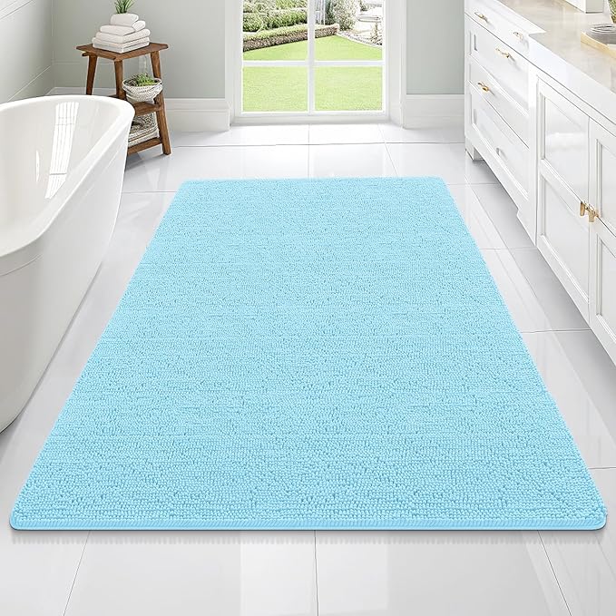 OLANLY Bathroom Rugs 70x46, Extra Soft Absorbent Chenille Bath Rugs, Rubber Backing Quick Dry, Machine Washable Bath Mats for Bathroom Floor, Tub and Shower, Home Decor Accessories, Sky Blue