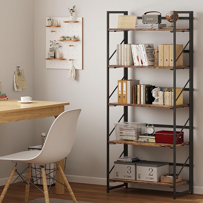 JSB No Assembly Folding Bookshelf, 5 Tier Industrial Metal Book Shelf for Storage, Vintage Wood Foldable Bookcase for Living Room, Bedroom, Office Organization Shelves