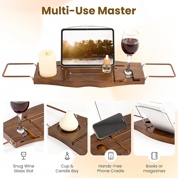Teak Bathtub Tray Expandable Bathroom Tray for Home Spa Relaxation, Wooden Tray Caddy for Bathtub, Teak Bathtub Caddy as Unique Housewarming, Birthday, Wedding Shower Gifts. Light Walnut