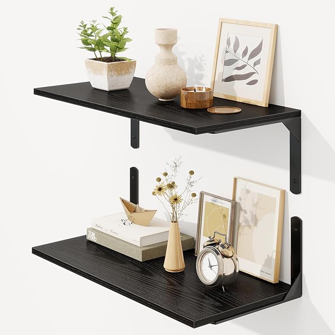 Fun Memories Deep Floating Shelves for Wall, 12 Inch Deep Black Wall Shelf, 24 Inch Long Floating Shelves with Bracket Set of 2, Rustic Deep Storage Shelf for Bedroom, Living Room, Kitchen
