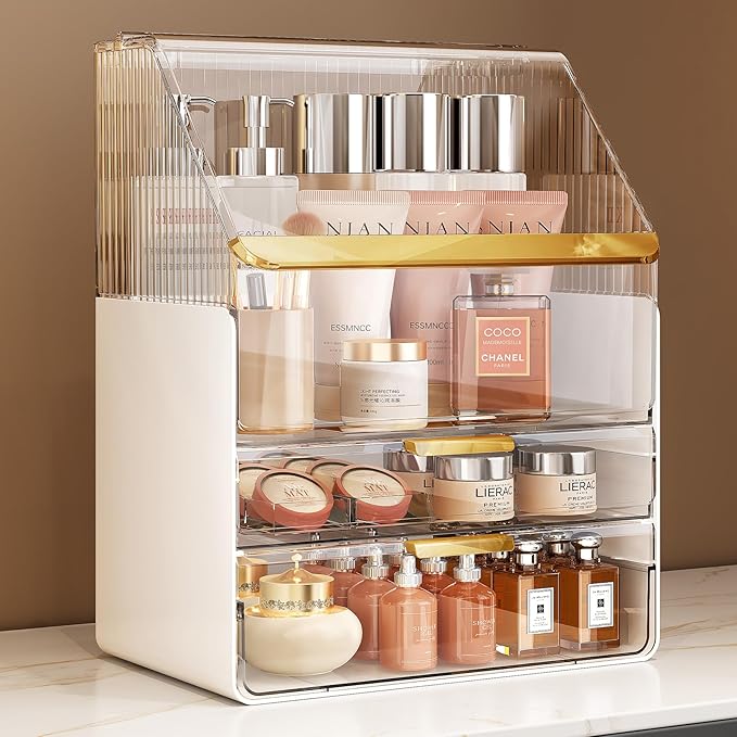 Makeup Organizer Countertop with Lid, Skincare Organizers for Vanity, 3 Tiers Clear Makeup Storage Cosmetic Display Cases Holder for Bedroom Bathroom Dresser Desk Countertop