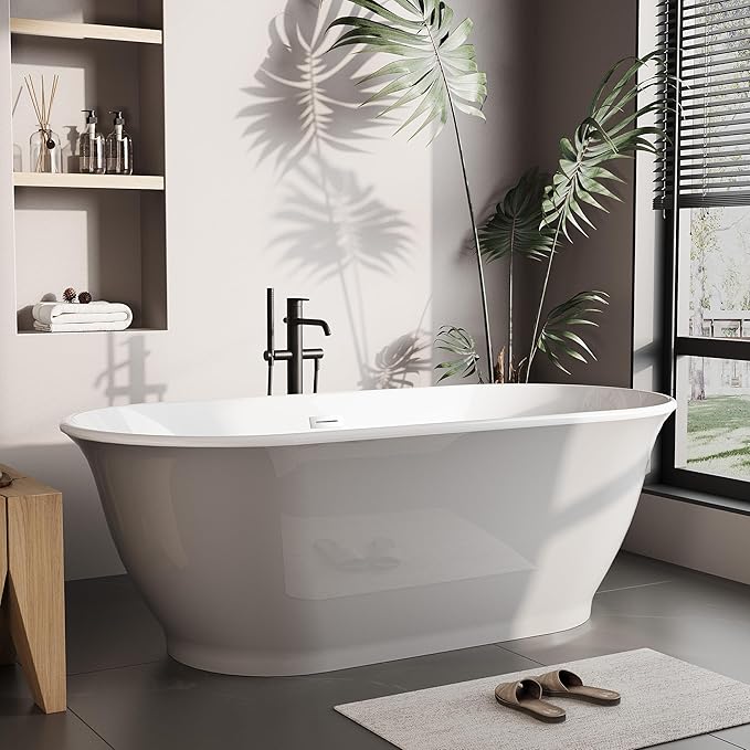67 in Acrylic Freestanding Bathtub, Soaking Bathtub with Matte Drain and Overflow, Modern Square Tub, Deep Ergonomic Design, CUPC Certified, Double-Walled Insulation, Easy Install and Safe Use, Grey