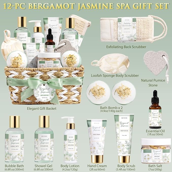 Christmas Birthday Gifts for Women, Bergamot Jasmine Relaxing Spa Gift Baskets for Women Self Care Package Bath Gift Set, Home Bath and Body Kit Pampering Gifts for Womens Mom Her Friends Sister Wife