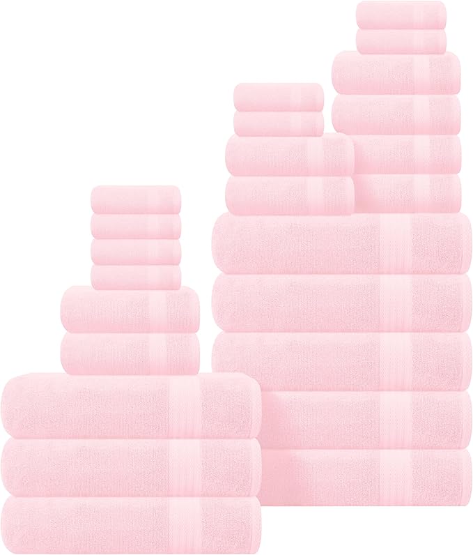 GLAMBURG Ultra Soft 24-Piece Towel Set - 100% Pure Ringspun Cotton, Contains 8 Oversized Bath Towels 27x54, 8 Hand Towels 16x28, 8 Wash Cloths 13x13 - Ideal for Everyday use, Hotel & Spa - Pink