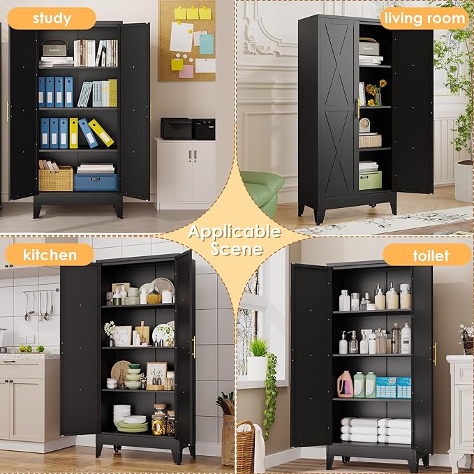 61" H Metal Kitchen Pantry Storage Cabinet, Freestanding Cupboard with 2 Doors and 3 Adjustable Shelves, Standing Storage for Kitchen, Bathroom, Garage, Dinning Room or Utility Room（Black）