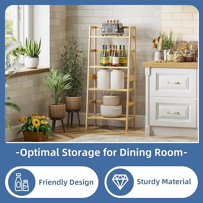 HITNET Ladder Shelf, 4-Tier Bookshelf, Bamboo Leaning Bookcase, Display Storage Rack Organizer, Freestanding Flower Plant Stand for Living Room, Home Office, Kitchen, Natural
