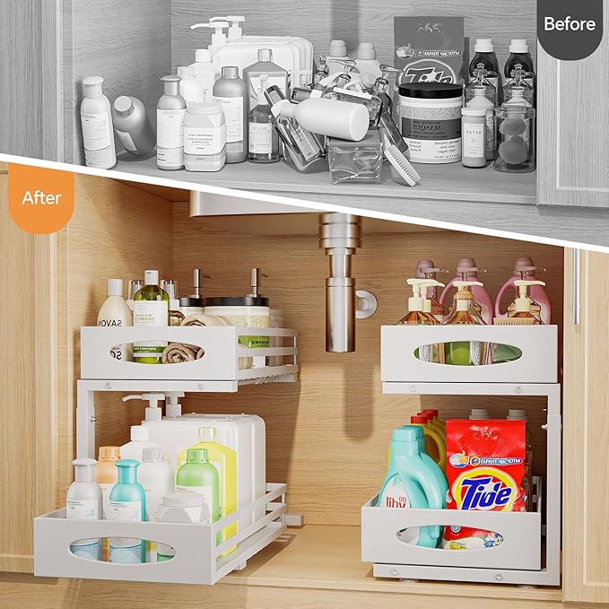 Under Sink Organizer, 2 Tier Under Sink Organizers and Storage, Adjustable Height, Slide Out Metal Cabinet Organizers, Pull Out Cabinet Storage Drawer Shelf for Kitchen Bathroom