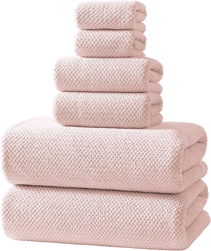 REDKISS Pink Towel Set, 6 Piece Premium Soft Bath Towel Set, Highly Absorbent Luxury 6-Pack with 2 Bath Towels, 2 Hand Towels, 2 Washcloths for Bathroom, Gym, Hotel, and Spa Daily Use