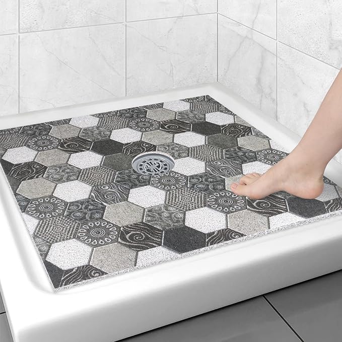 Square Shower Mat Non Slip: 31x31 Inch Extra Large Shower Floor Mat with Drain Hole in Middle - Soft PVC Loofah Bath Mat for Shower - Anti Slip Shower Stall Mat for Elderly and Kids
