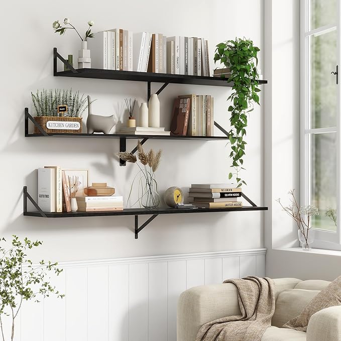 12 Inch Deep Floating Shelves, Black Floating Shelves 48W x 12D, Deep Wall Shelves Bracket Set of 2, Large Display Hanging Floating Shelf for Bathroom, Living Room, Wide Storage Wooden Wall Shelf