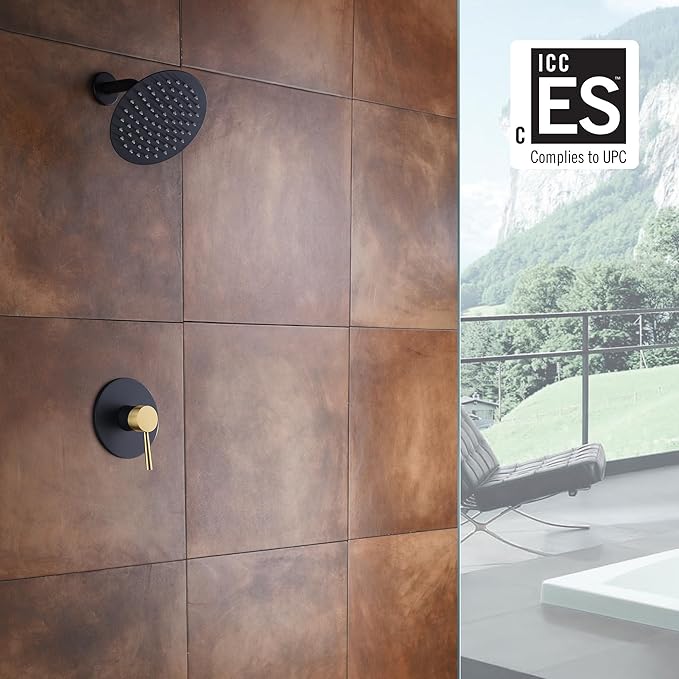 SUMERAIN Single-Function Shower Faucet Set Black and Gold, Stainless Steel 8 Inch Rain Shower Head Single Handle With Rough-in Valve Shower Trim Kit