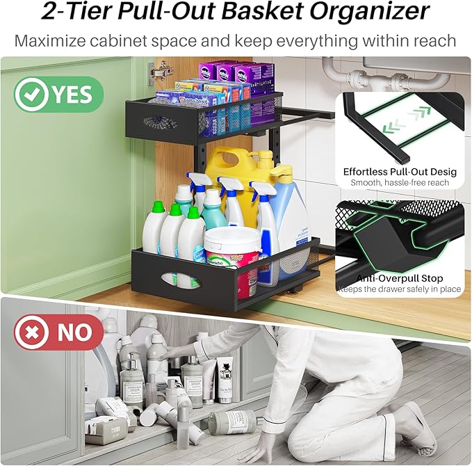 Under Sink Organizer, 2-Pack Pull Out Cabinet Organizer 2 Tier Metal Slide Out Storage Shelf Rack, L-Shaped Adjustable Height,Mesh Sliding Drawer for Kitchen, Bathroom, Laundry, Pantry, Black, XL