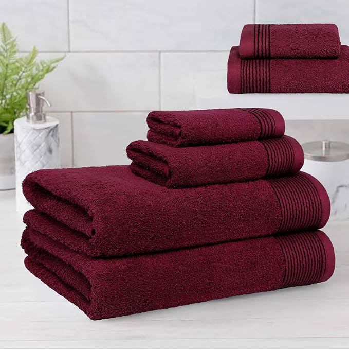Belizzi Home 100% Cotton Ultra Soft 6 Pack Towel Set, Contains 2 Bath Towels 28x55 inchs, 2 Hand Towels 16x24 inchs & 2 Washcloths 12x12 inchs, Compact Lightweight & Highly Absorbant - Burgundy