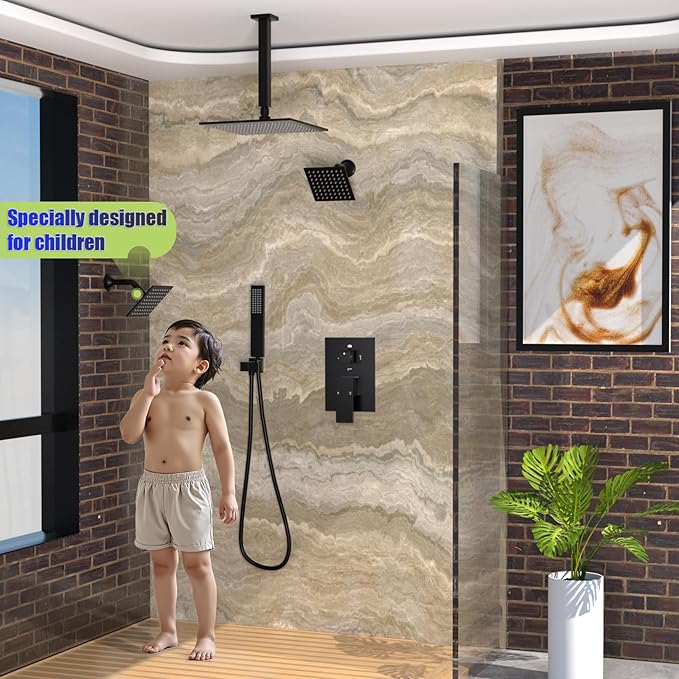 Enga 10 Inch + Dual 6-Inch Rain Shower System, Four Modes Diverter Shower Faucet with Handheld, Luxury Rain Mixer Shower Combo Set, Matte Black