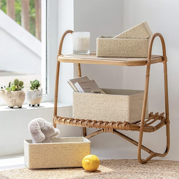 Storage Baskets Set 4 - Stackable Woven Basket Paper Rope Bin, Storage Boxes for Makeup Closet Bathroom Bedroom (Beige)