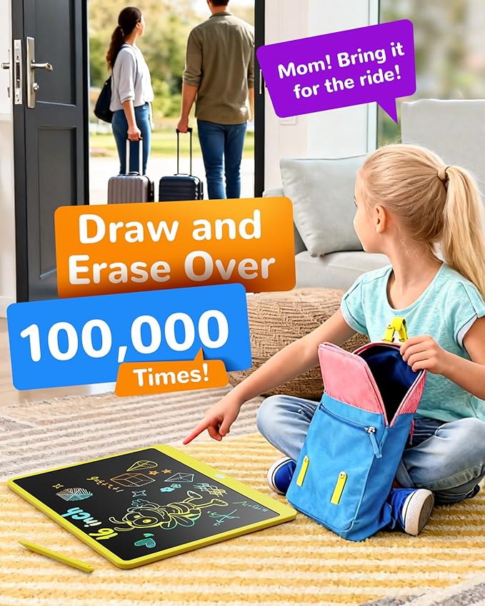 KOKODI LCD Writing Tablet, 16 Inch Colorful Toddler Doodle Board Drawing Tablet, Erasable Reusable Electronic Drawing Pads, Educational and Learning Toy for 3-6 Years Old Boy and Girls(Yellow)