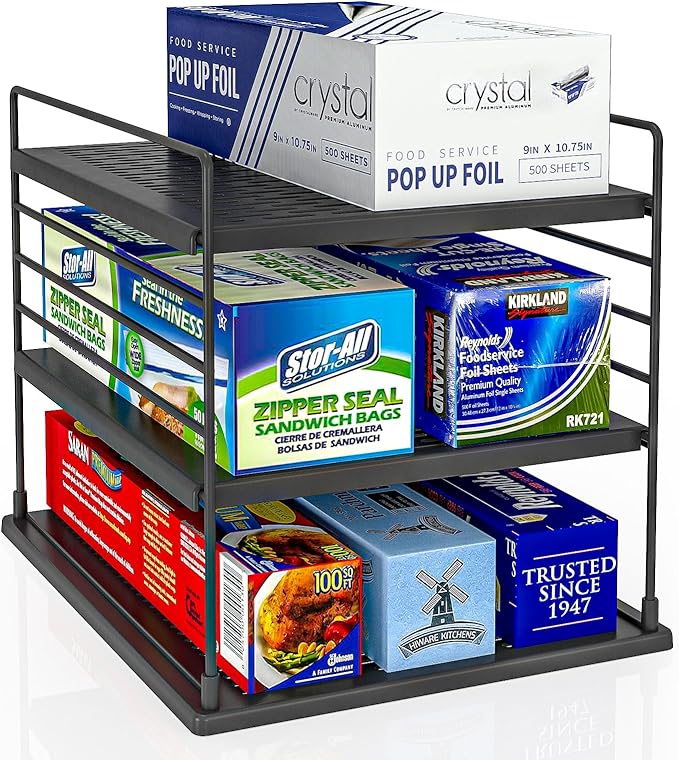 Pantry Organizer- Divided Compartment Holder for Aluminum Foil, Wraps & Baggie Boxes, Upgraded Shelf Storage