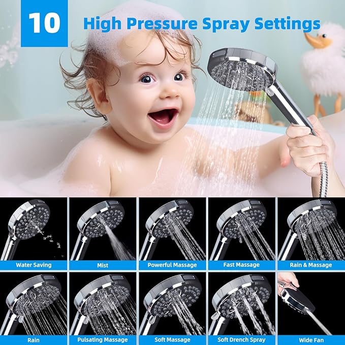 Hibbent All Metal 12'' Dual Filtered Rainfall Shower Head Combo, High Pressure Handheld Shower Head with 12'' Adjustable Curved Extension Arm, 20 Stage Shower Filter, 10-spray, 71'' Hose, Chrome