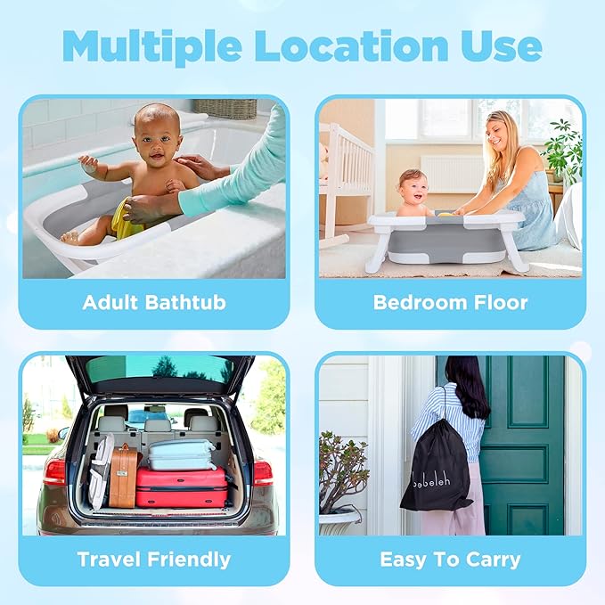 BEBELEH™ Collapsible Baby Bathtub with Thermometer – Bathtub + Baby tub Sling + Newborn Sling – Baby Bathtub Newborn to Toddler 0-24 Months – The Ultimate Baby Bath Tub! (with Thermometer,Gray)