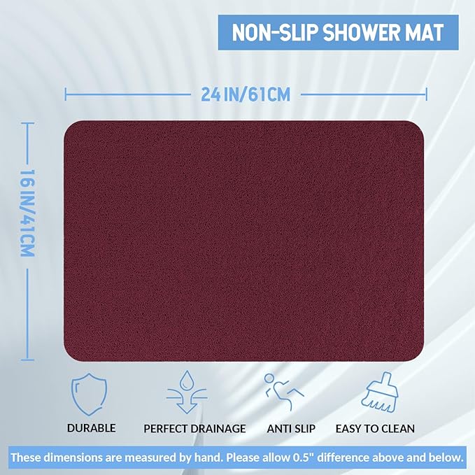 Non-Slip Bathtub Mat, Anti Slip Shower Mat, Fast Drying Bathtub Mats, Foot Scrubber Mat, Anti Slip Mat for Tub, Floor, Bathroom, Kitchen, Home, Hotel (Wine Red 24"×16")