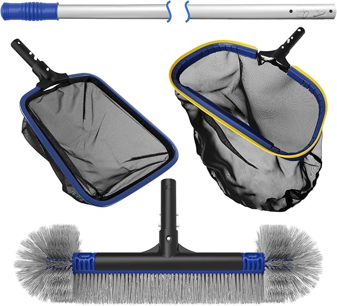 Poolvio 5-in-1 Pool Cleaning Kit - Includes Semi-Deep Skimmer Net, Aluminum Leaf Rake, 20' Pool Brush with 13ft Adjustable Pole