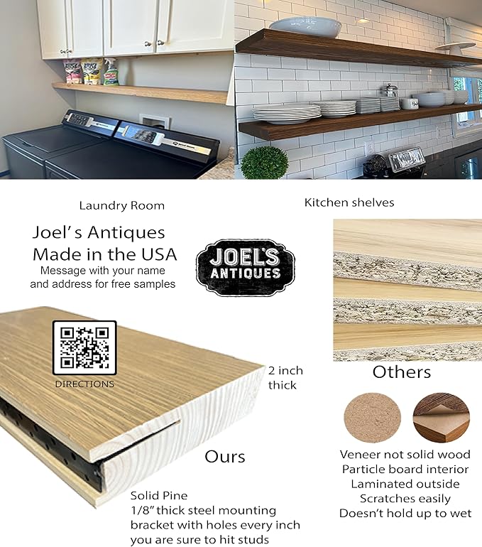 joelsantiques - 72 Inch Wooden Floating Shelves for Wall - 72x10x2 in - Made of Natural Wood - Long Heavy Duty Wall Shelves for Bedroom - Perfect for Living Room, Kitchen - Beige