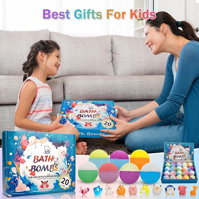 20 Pack Bath Bombs for Kids with Surprise Inside Bubble Bath Toys Organic Natural Bath Bombs Set Stocking Stuffers Birthday Christmas Gifts for Kids 3 4 5 6 7 8 Years Old Boys Toddlers Girls